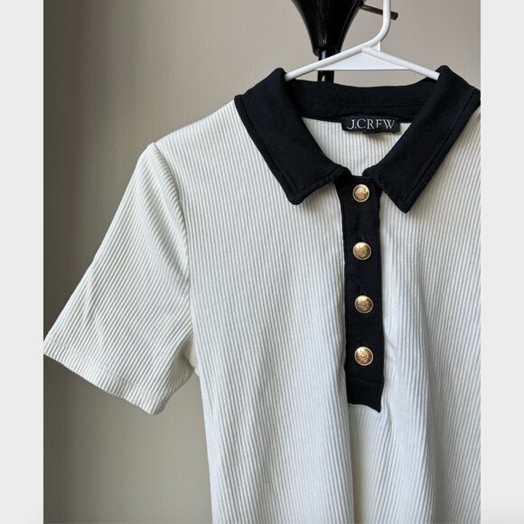 J. Crew White & Black Vintage Rib Polo T-Shirt with Gold Buttons - Size M - Picture 2 of 8